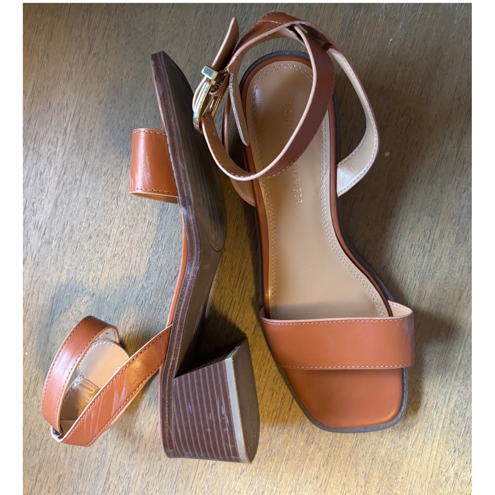 Tommy Hilfiger Tan Brown Ankle Strap Block Heel Square Toe Sandals